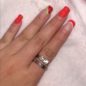 Ring bundle of 2 silver tone dice and hello kitty